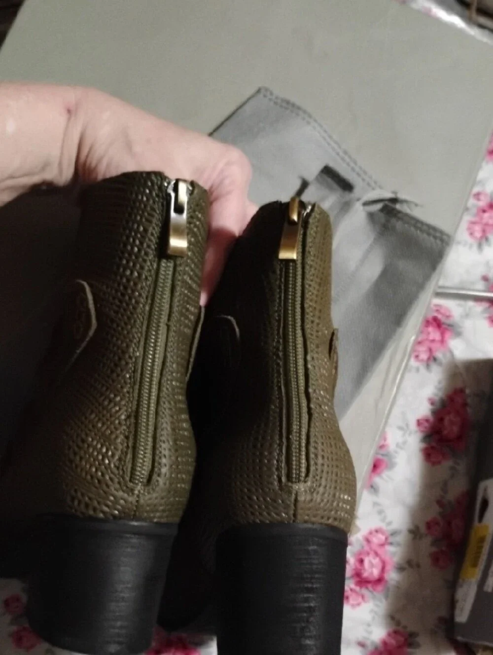 Antelope Olive Suede Ruched Ankle Booties with Textured Heel Size 38